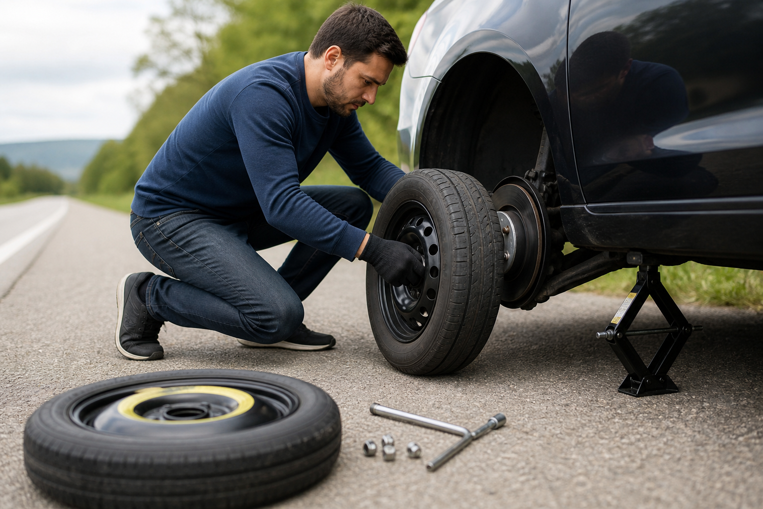 Automobiliste changeant une roue crevée sur le bord de la route avec un cric